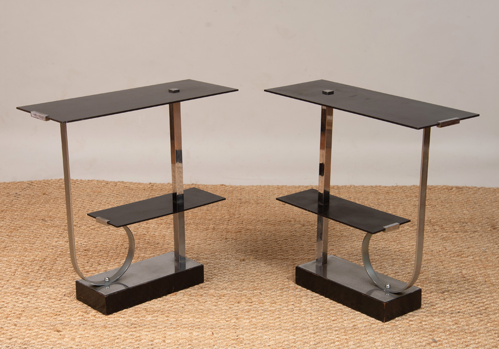Pair Of Paul Frankl Chrome Bakelite And Lacquered Wood Two Tier