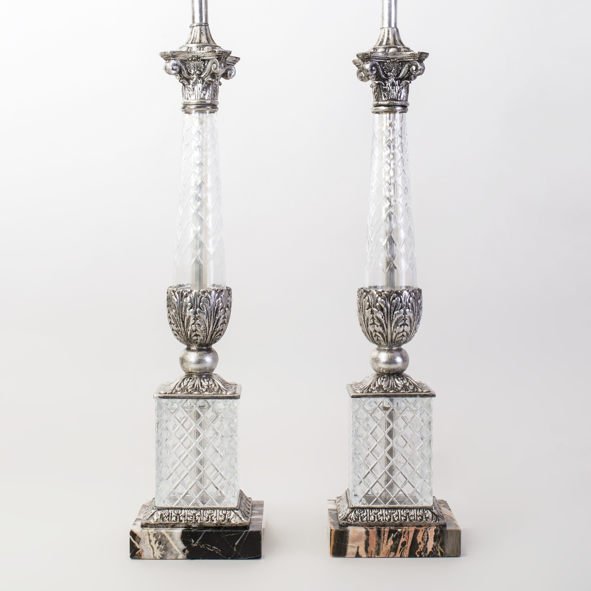 Pair Of Neoclassical Style Silvered Metal Mounted Cut Glass Lamps On