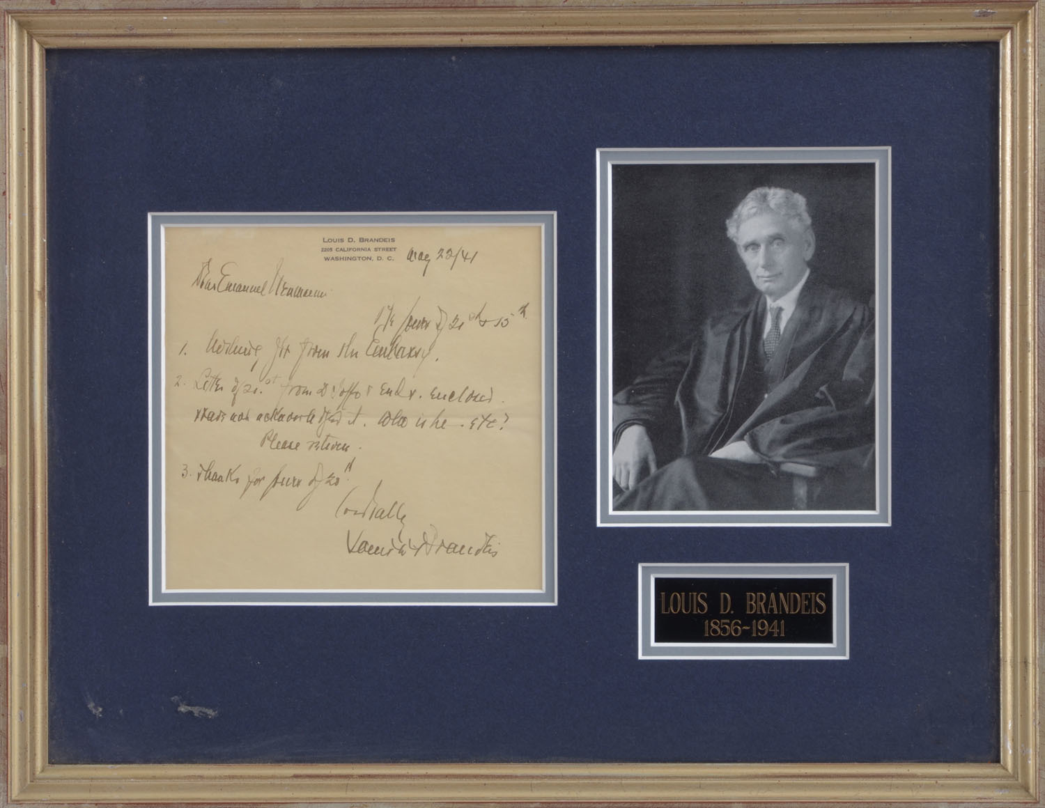 Handwritten Note Signed by Supreme Court Justice Louis D Brandeis