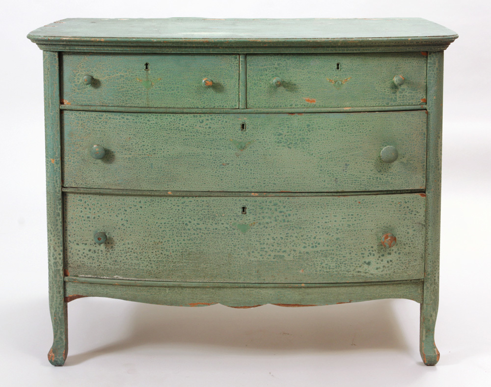 Turquoise Painted Shallow Bow-Fronted Chest of Drawers