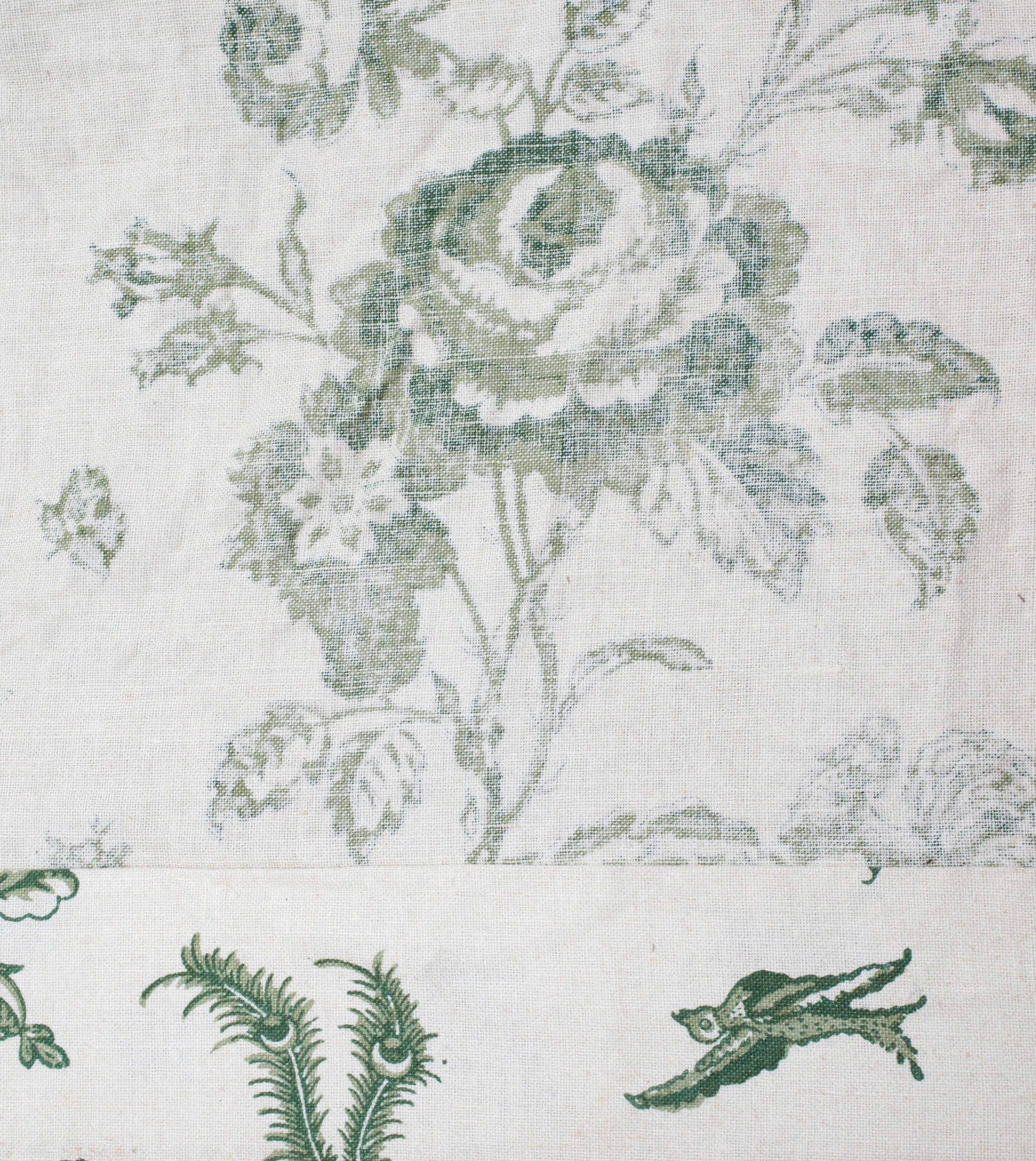 Three Sets Of French Green And Cream Linen Toile Curtains Le