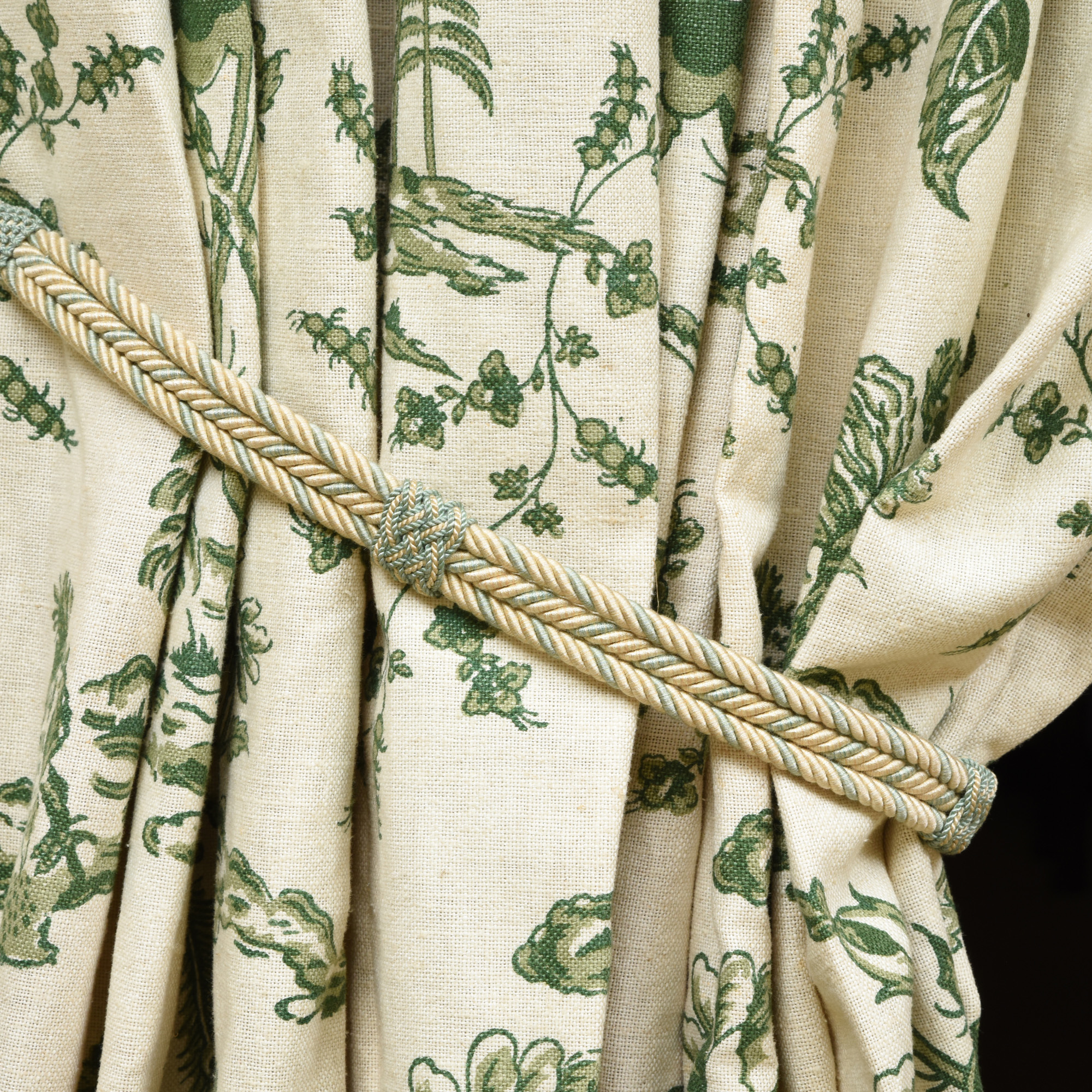 Three Sets Of French Green And Cream Linen Toile Curtains Le