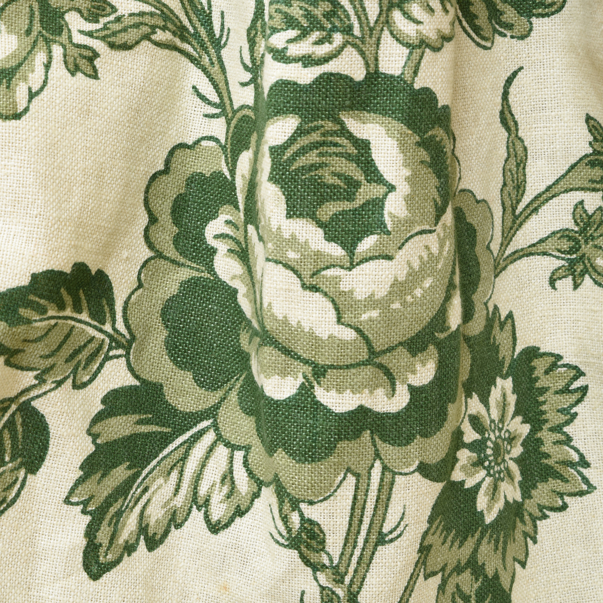 Three Sets Of French Green And Cream Linen Toile Curtains Le
