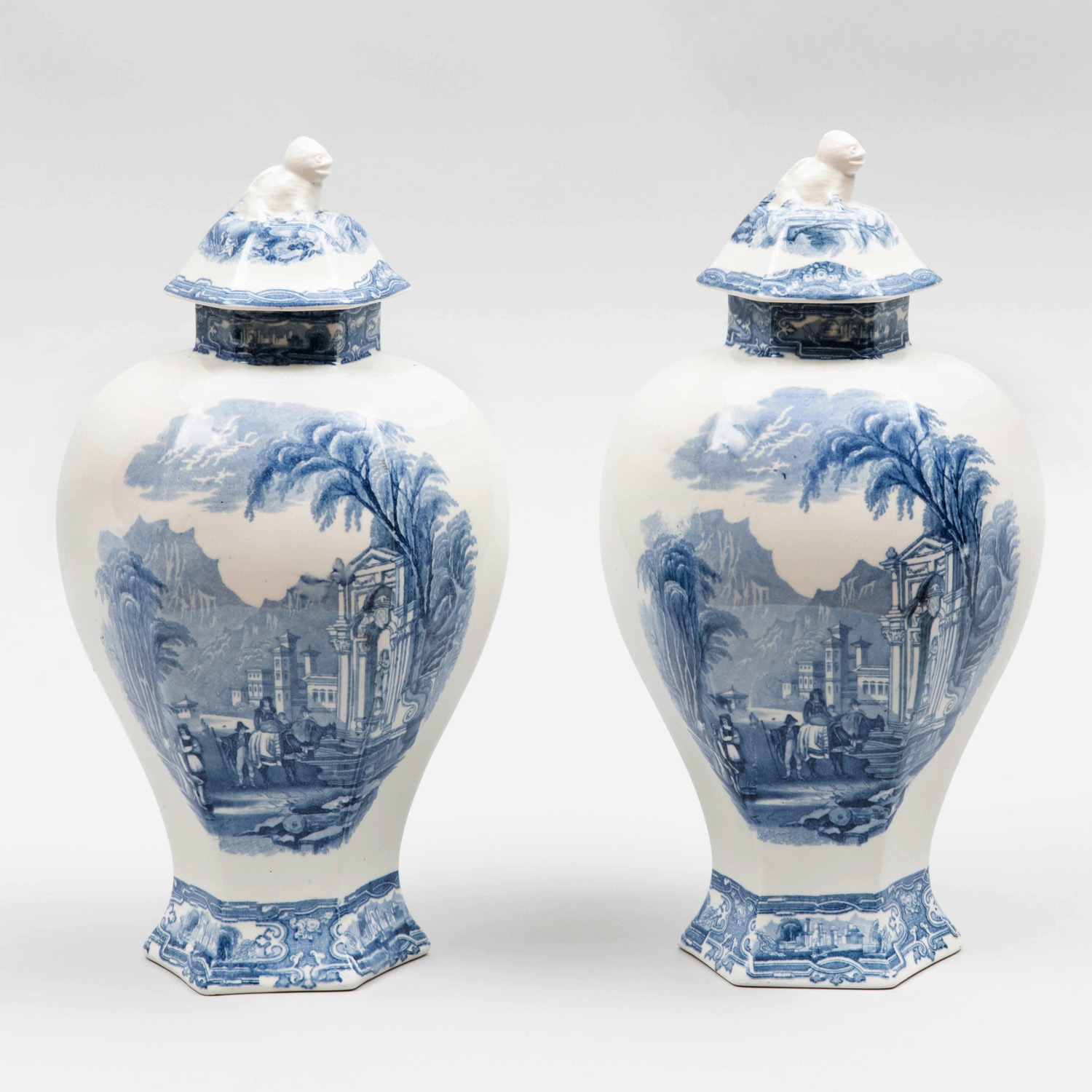 Pair Of Carlton Ware Transfer Printed Porcelain Vases And Covers