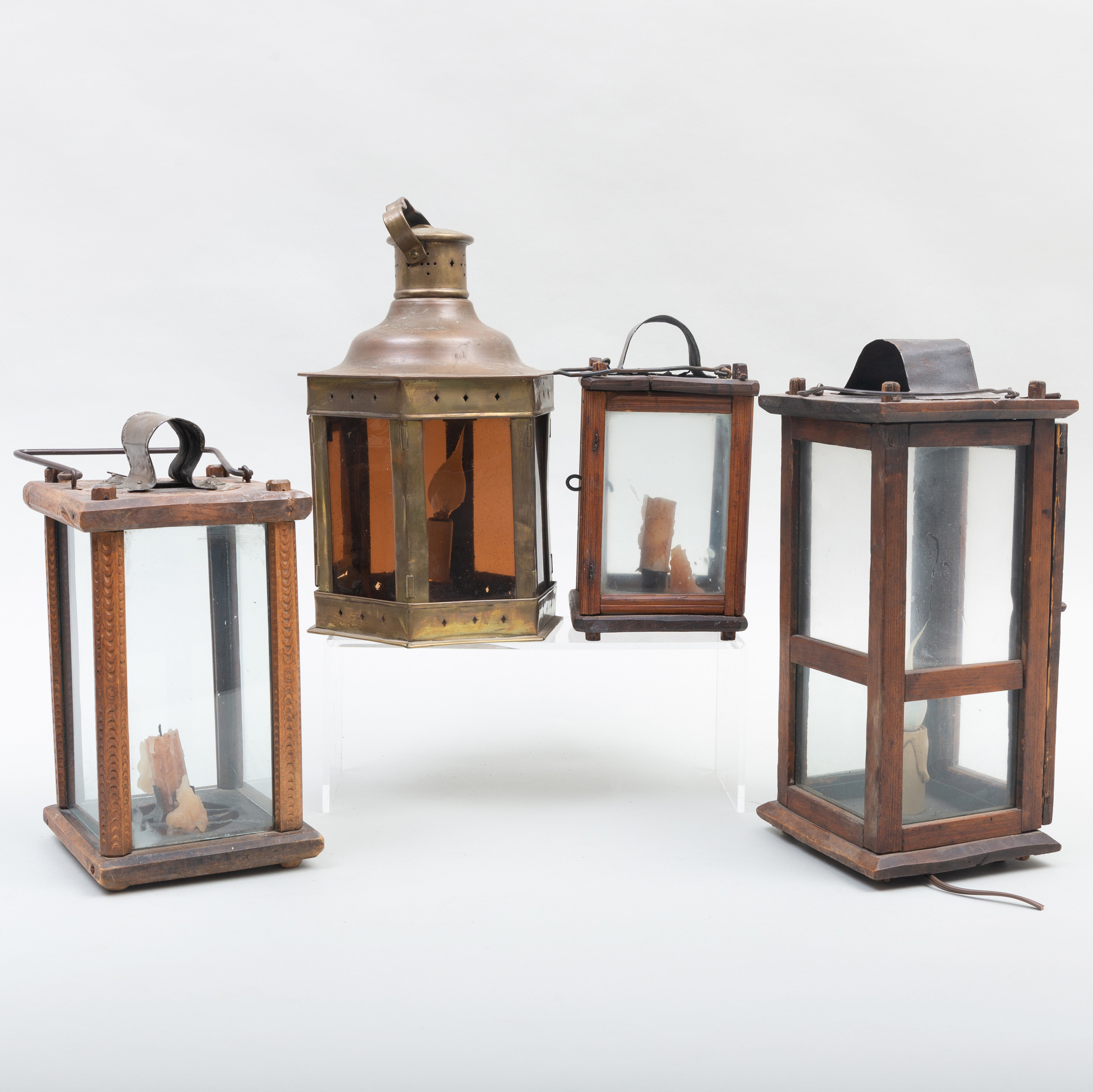 Group of Three Wood and Glass Lanterns and a Brass and ...