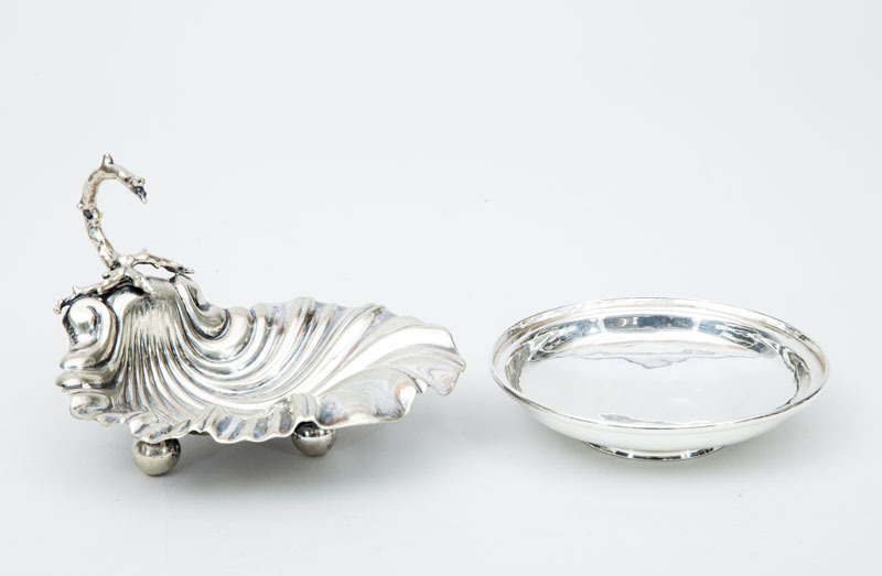 English Silver Footed Dish and an English Silver-Plated Shell-Form Tripod Dish