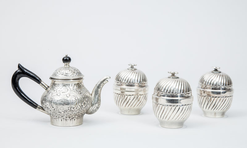 North African Repoussé 800 Silver Individual Teapot and Three Spiral Reeded Cups and Covers