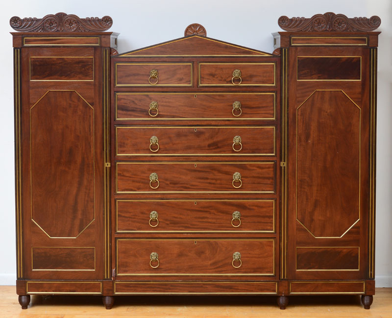 FEDERAL CARVED MAHOGANY AND FIGURED MAHOGANY, BRASS-MOUNTED WARDROBE, POSSIBLY BY JOSEPH BARRY, PHILADELPHIA, C. 1815