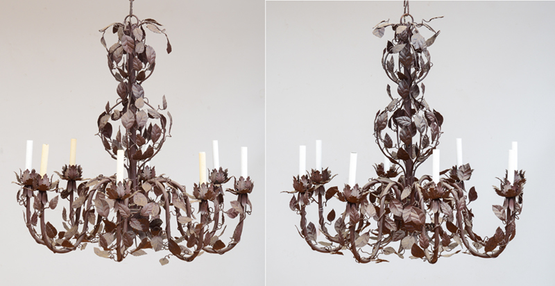 PAIR OF FRENCH METAL AND TÔLE EIGHT-LIGHT CHANDELIERS