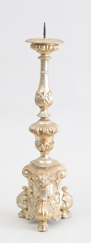 ITALIAN BAROQUE STYLE CARVED AND SILVERED WOOD PRICKET STICK