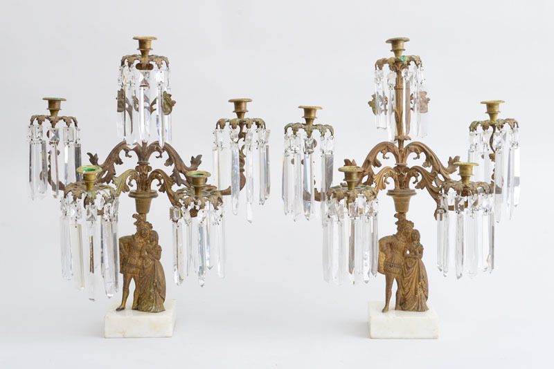 PAIR OF VICTORIAN GILT-METAL, GLASS AND MARBLE FIVE-LIGHT CANDELABRA