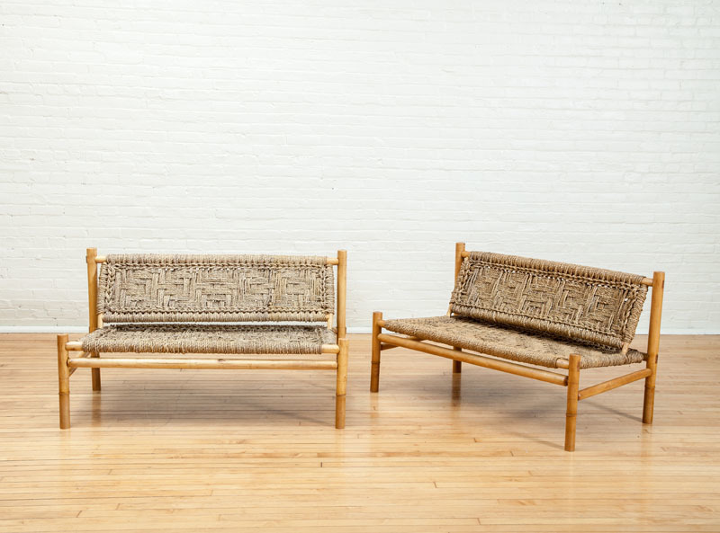 PAIR OF WOVEN GRASS CORD AND TURNED WOOD SETTEES