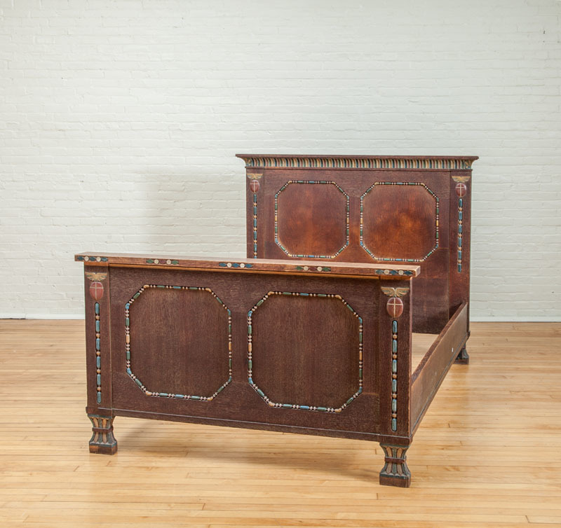 EGYPTIAN REVIVAL CERUSED OAK AND POLYCHROME BED, C. 1900