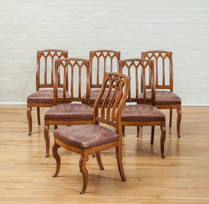 ALEXANDER AND FREDERICK ROUX / NEW YORK, SIX OAK GOTHIC REVIVAL UPHOLSTERED DINING CHAIRS, C. 1850