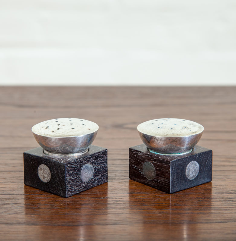 WILLIAM SPRATLING STERLING SILVER AND ROSEWOOD SALT AND PEPPER SHAKERS