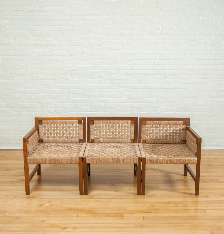THREE-PIECE PINE AND WOVEN RUSH BENCH