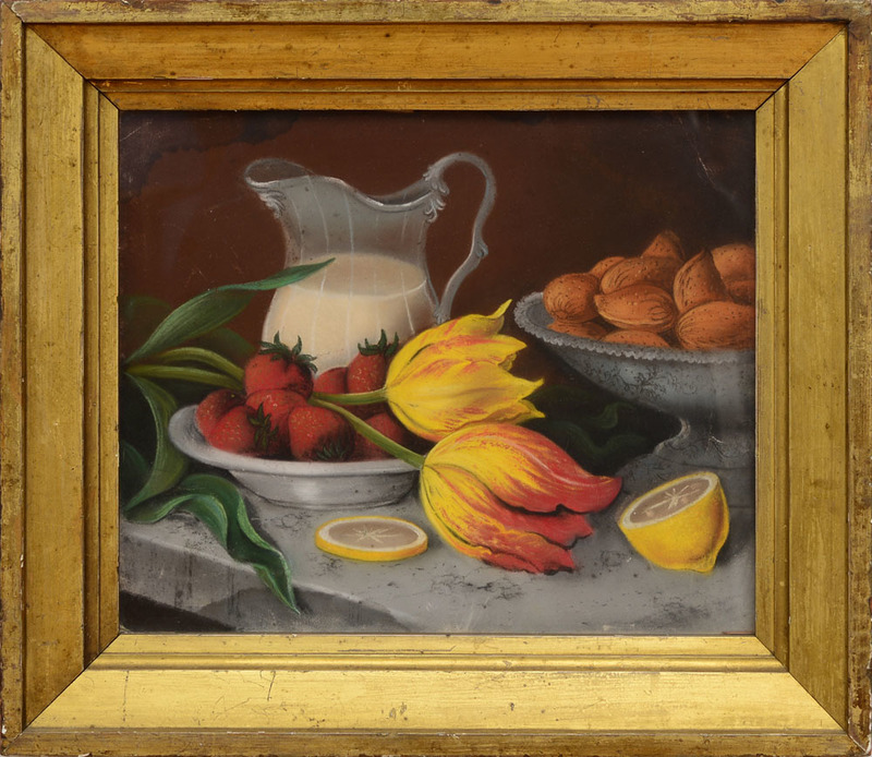 AMERICAN SCHOOL: STILL LIFE WITH STRAWBERRIES, NUTS AND PARROT TULIPS