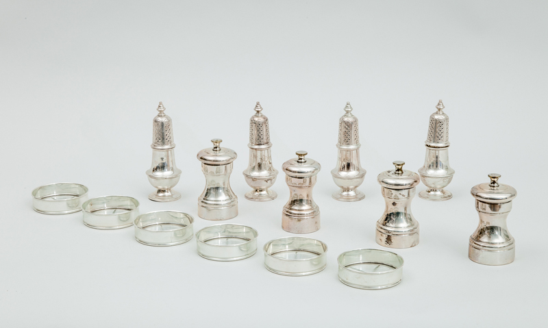 Set of Four Stieff Monogrammed Silver Salt Shakers, Set of Four Monogrammed Silver Pepper Mills, and Six Tiffany & Co. Silver-Rimmed...