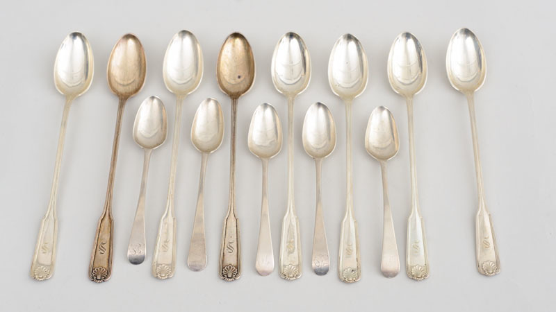 Set of Five Federal Monogrammed Silver Coffee Spoons and a Set of Eight American Monogrammed Silver Iced Tea Spoons, in the 'Fiddle,...