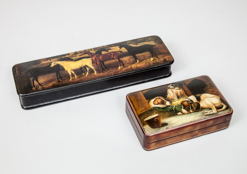 English Papier Mâché Glove Box and an Italian Painted Leather Gentleman's Accessory Box
