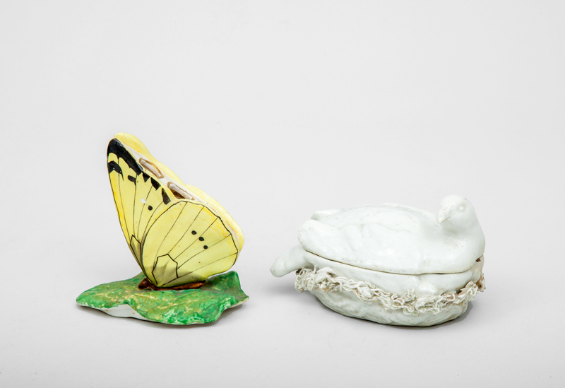 English Porcelain Butterfly-Form Pen Holder and an Ivory Glazed Porcelain Dove-on-Nest Table Decoration