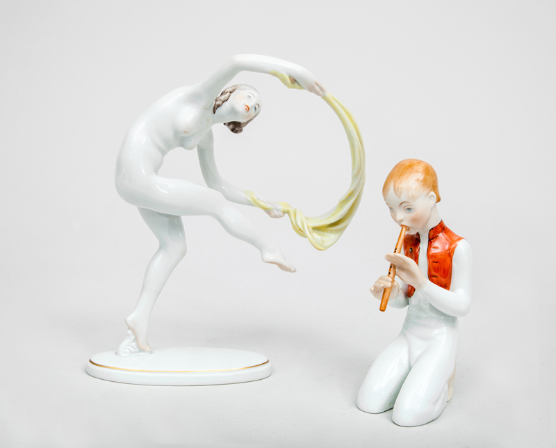 Herend Porcelain Figures of an Art Deco Veil Dancer and a Boy Playing the Recorder