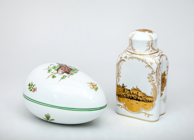 Herend Porcelain Egg-Form Box and a Rosenthal Porcelain Tea Caddy with Cover