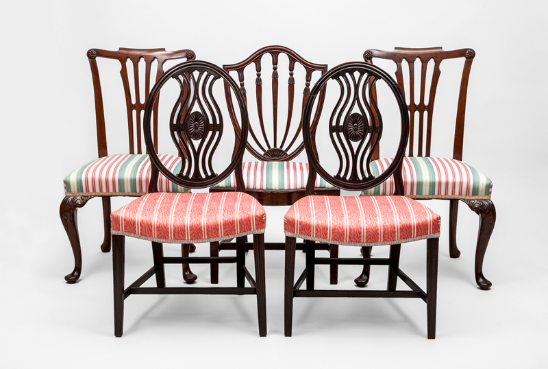 Assembled Group of Five George III Carved Mahogany Side Chairs