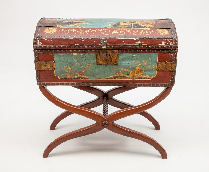 Continental Polychrome Painted and Parcel-Gilt Trunk on Stand