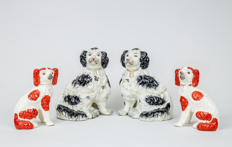 Pair of Staffordshire Black and White Spaniels and a Pair of Staffordshire Red and White Spaniels