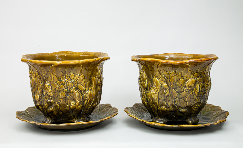 Pair of Large Mustard-Glazed Pottery Jardinières and Stands