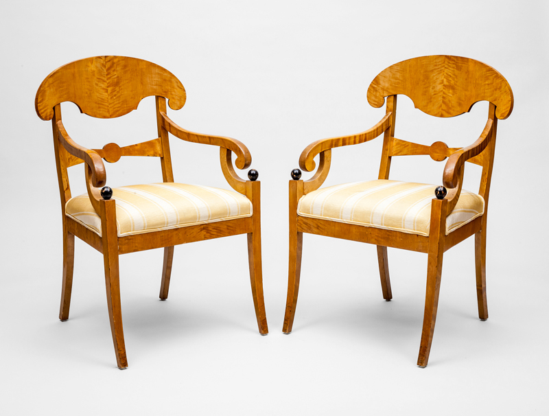 Pair of Swedish Neoclassical Style Birch and Ebonized Armchairs