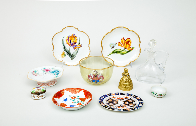 Group of Porcelain, Glass and Metal Table Decorations