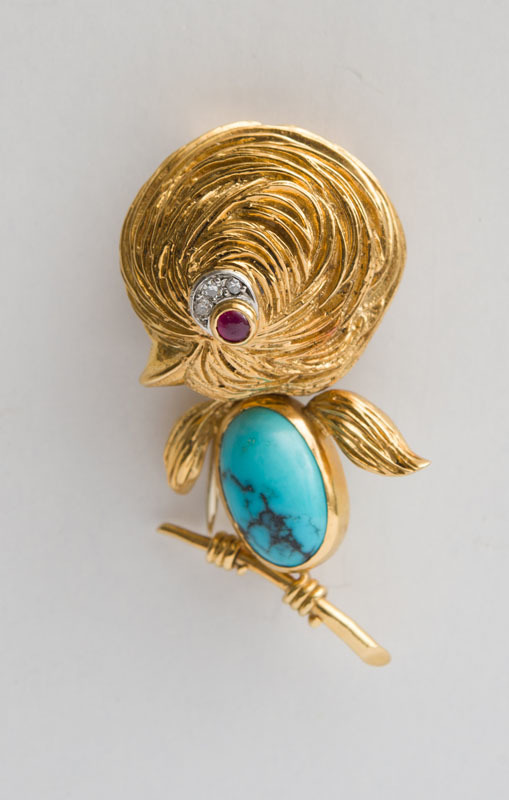 Van Cleef & Arpels 18K Gold, Platinum, Diamond, Ruby Cabochon and Turquoise Bird Brooch