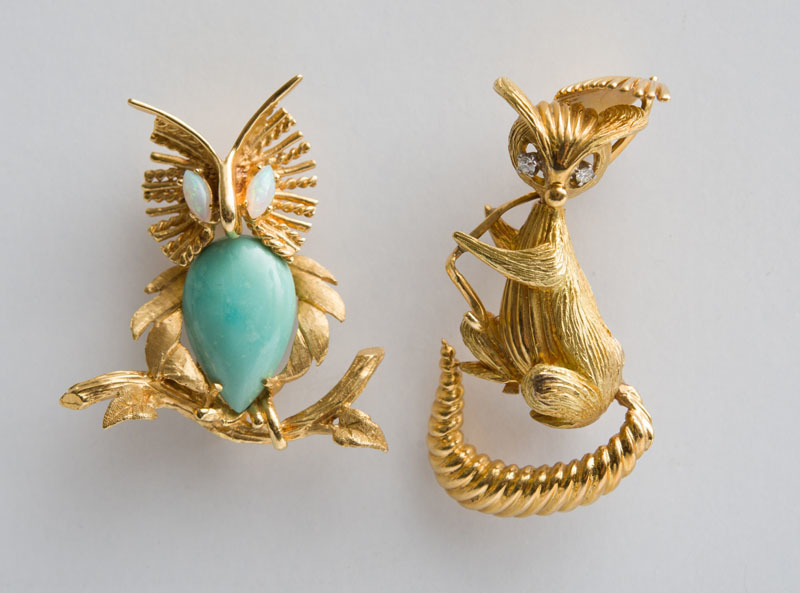Two 18K Gold, Opal, Diamond and Turquoise Animal Brooches