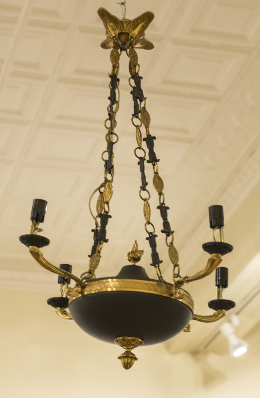 EMPIRE STYLE PATINATED AND GILT-METAL FOUR-LIGHT HALL CHANDELIER