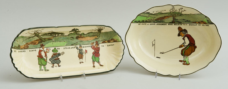 TWO ROYAL DOULTON GLAZED POTTERY SERVING DISHES, ILLUSTRATED FROM CHARLES CROMBIE'S RULES OF GOLF