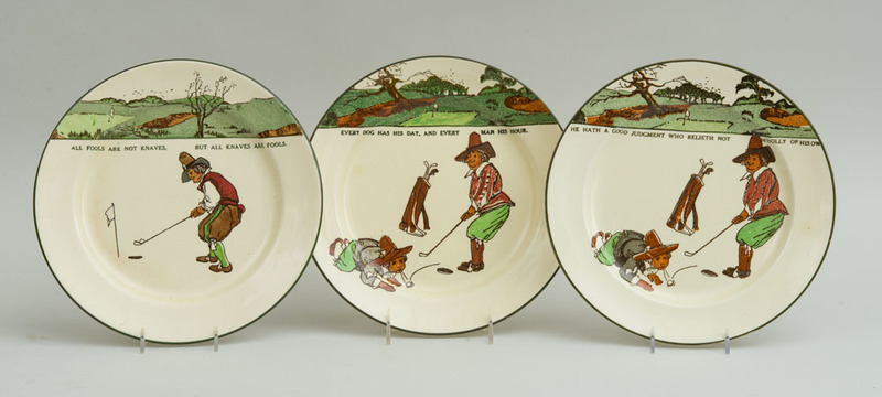SET OF THREE ROYAL DOULTON TRANSFER-PRINTED PLATES, ILLUSTRATED FROM CHARLES CROMBIE'S RULES OF GOLF