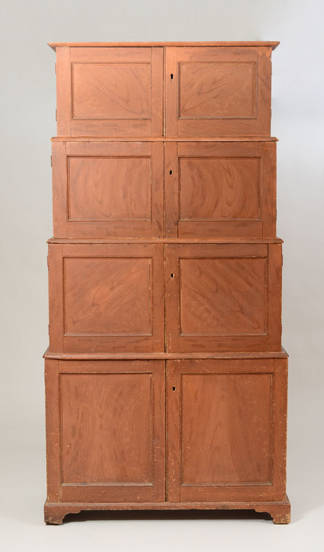 FEDERAL METAL-MOUNTED AND GRAIN-PAINTED PINE STACKABLE GRADUATED CABINETS, NEW ENGLAND