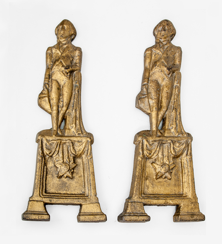PAIR OF AMERICAN GILT-PAINTED CAST-IRON GEORGE WASHINGTON-FORM FIRE DOG FRONTS