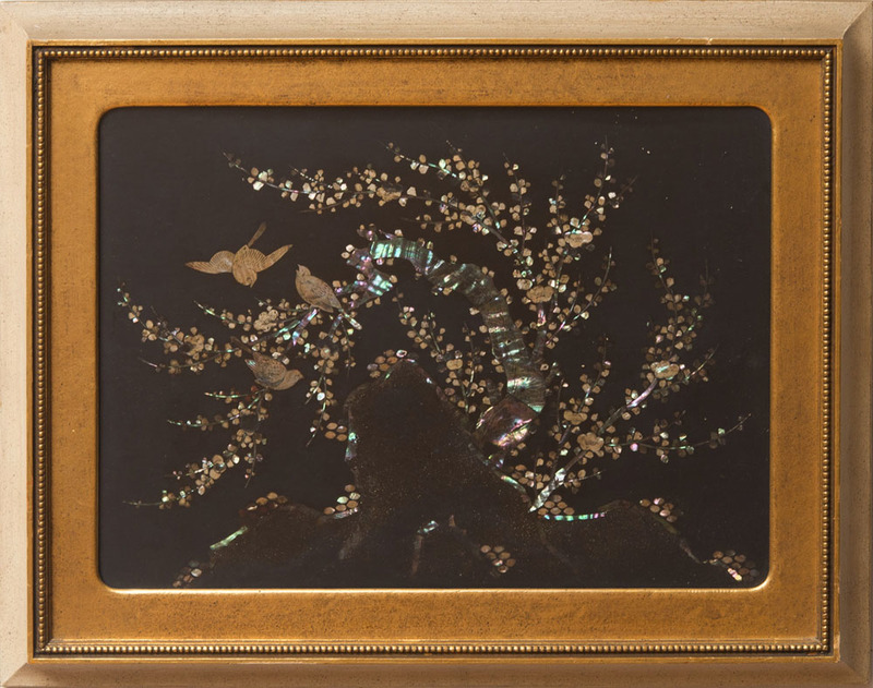 20th Century School: Mother-of-Pearl Inlaid Picture of Birds on a Flowering Tree