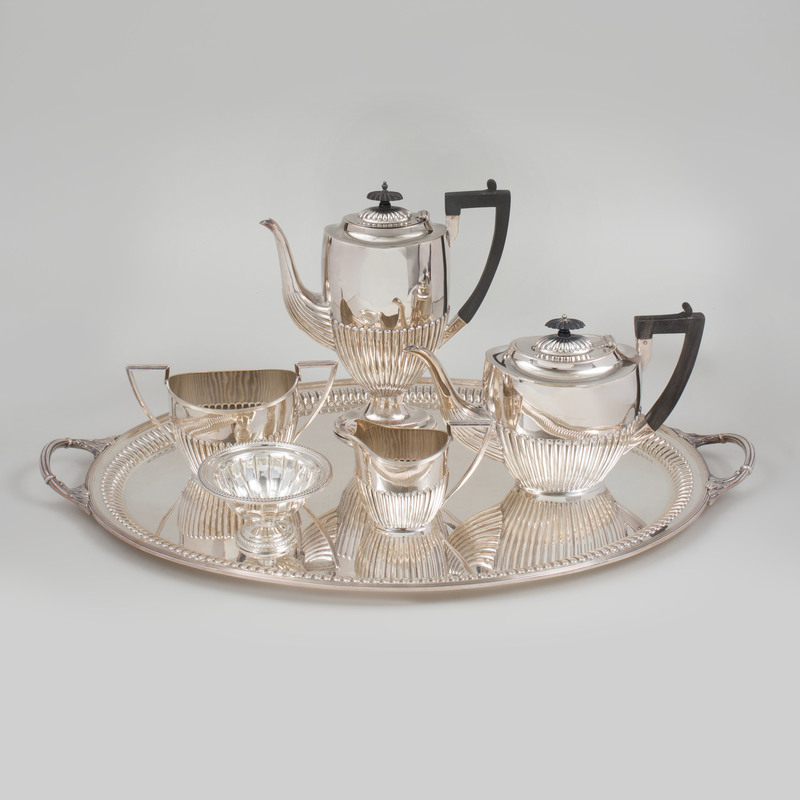 George V Silver Two Handled Tray and a Benetfink & Co. Silver Plate Four Piece Tea and Coffee Service