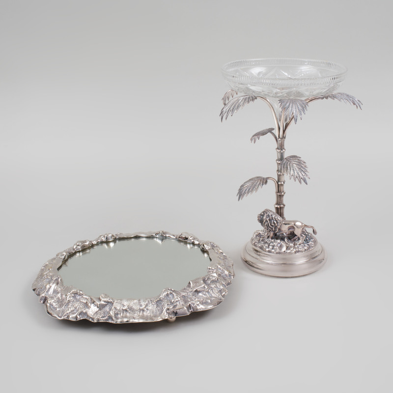 Silver Plate and Cut Glass Epergne and a Mirrored Stand