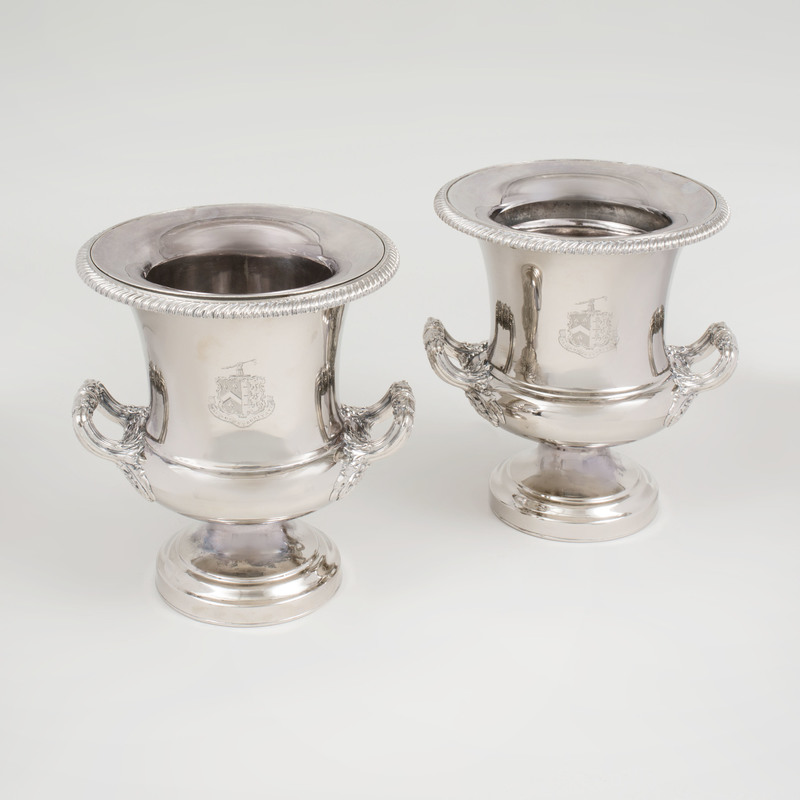 Pair of Silver Plate Wine Coolers Engraved with Crest