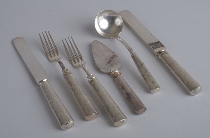 Set of Six Silver-Plated Knives and Forks, Six Butter Knives, Cheese Knife and Sauce Ladle