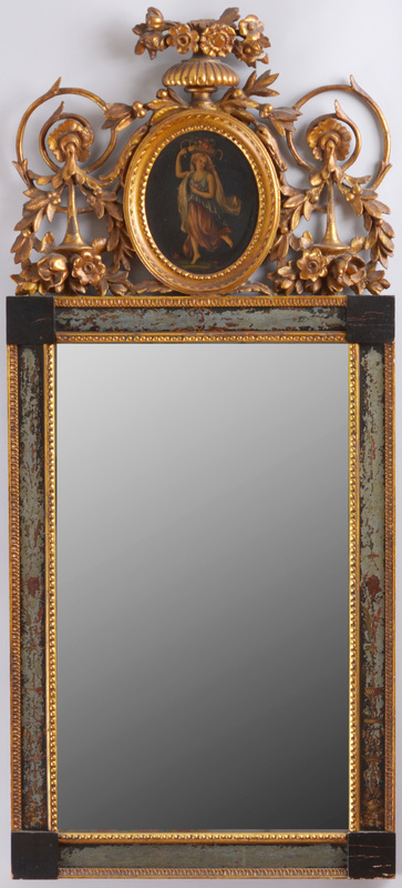 Italian Neoclassical Style Carved Giltwood Mirror with Oval Painted Crest Panel