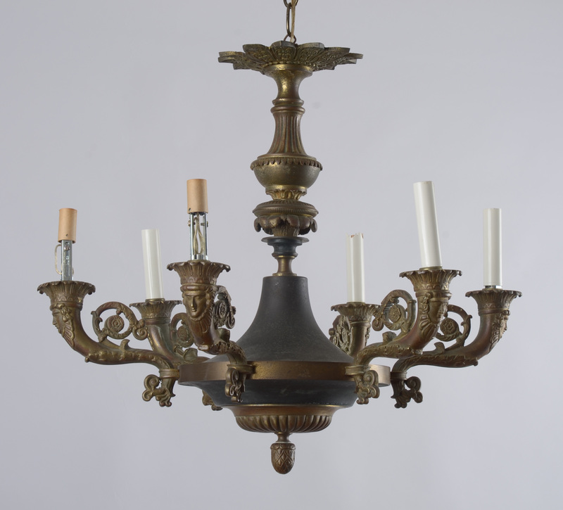 Empire Style Patinated and Gilt-Metal Six-Light Chandelier