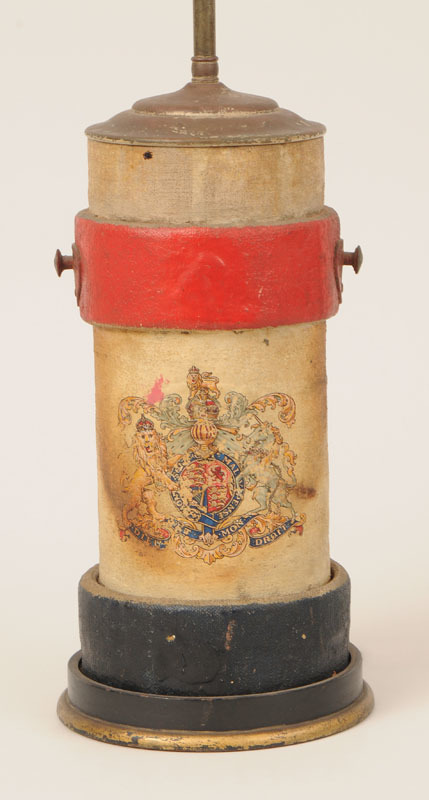 English Leather-Bound Bucket Lamp with Royal Coat of Arms