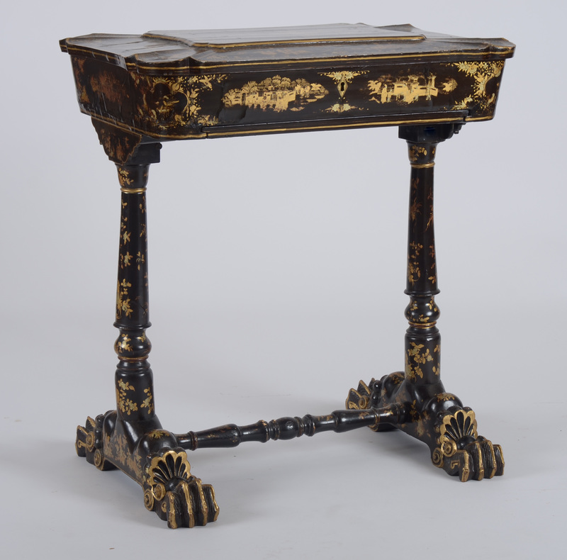 Chinese Export Black Lacquer, Carved and Parcel-Gilt Sewing Table
