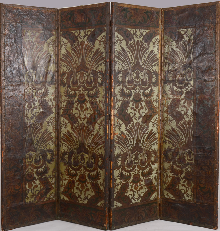 Continental Painted Leather Four-Panel Folding Screen